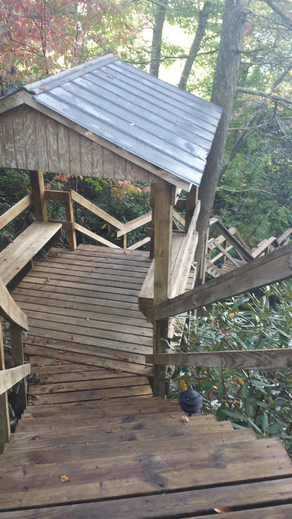 Metal roofed shelter over wooden steps on a wooded walkway — Skylight Repair & Installation work by our crew in Abilene